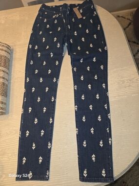 J. Crew Dark Blue Skinny Jeans with White Floral Motif Womens 28 Toothpick New